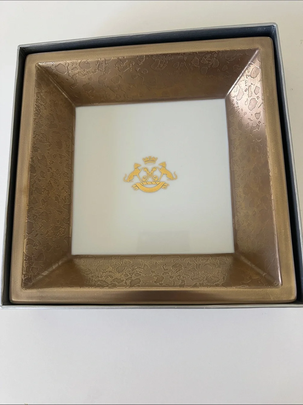 JL Coquet French Luxury White Porcelain and Gold Glaze Rim Vanity Crest Tray